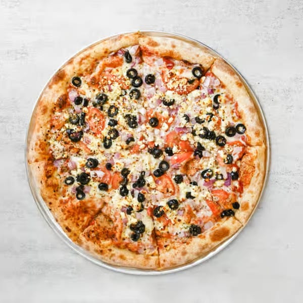 Krave Pizza and Wings' Greek pizza with black olives, tomatoes, red onions, and feta cheese.