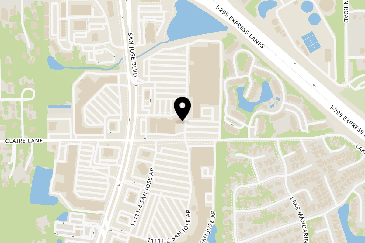 Map showing the location of Krave Pizza and Wings on 10991 San Jose Blvd Suite 29A in Jacksonville
